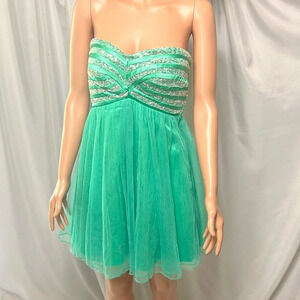 Sequin Hearts Green Strapless Sequin Tulle Fit Flare Dress Lace Up Back Size 5